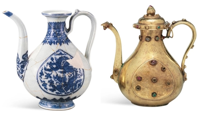 Bình sứ tương tự được tìm thấy ở Trúc Sơn (trái) và bình vàng ở Bảo tàng Nghệ thuật Philadelphia. Ảnh: Sothebys